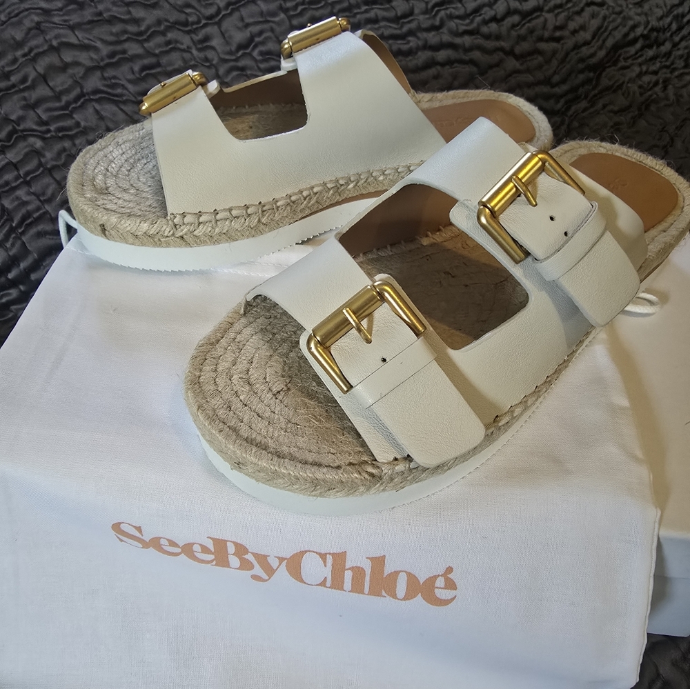 See by Chloé White Sandals with Gold Buckles